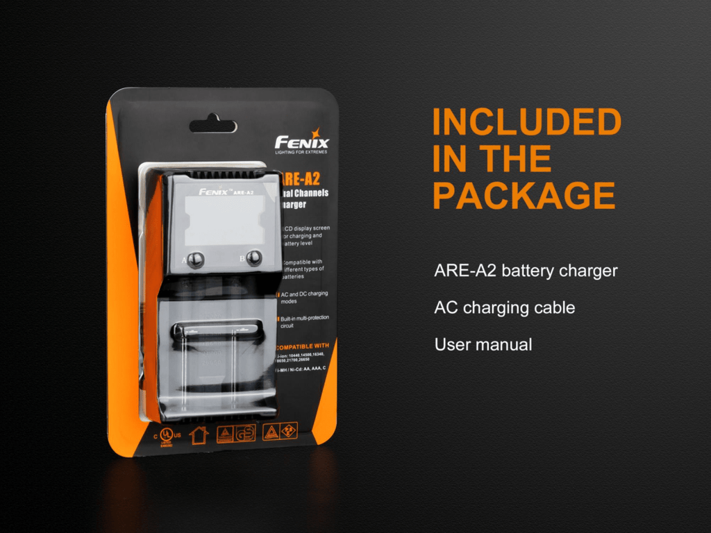 Fenix ARE A2, Two Slot Smart Charger, Rechargeable battery charger, Compatible charger to 18650, 16340, 14500 and other rechargeable AA, AAA and Lithium Ion Batteries, Charging and discharging Charger, Compact and Powerful protected Charger with LCD Screen Display