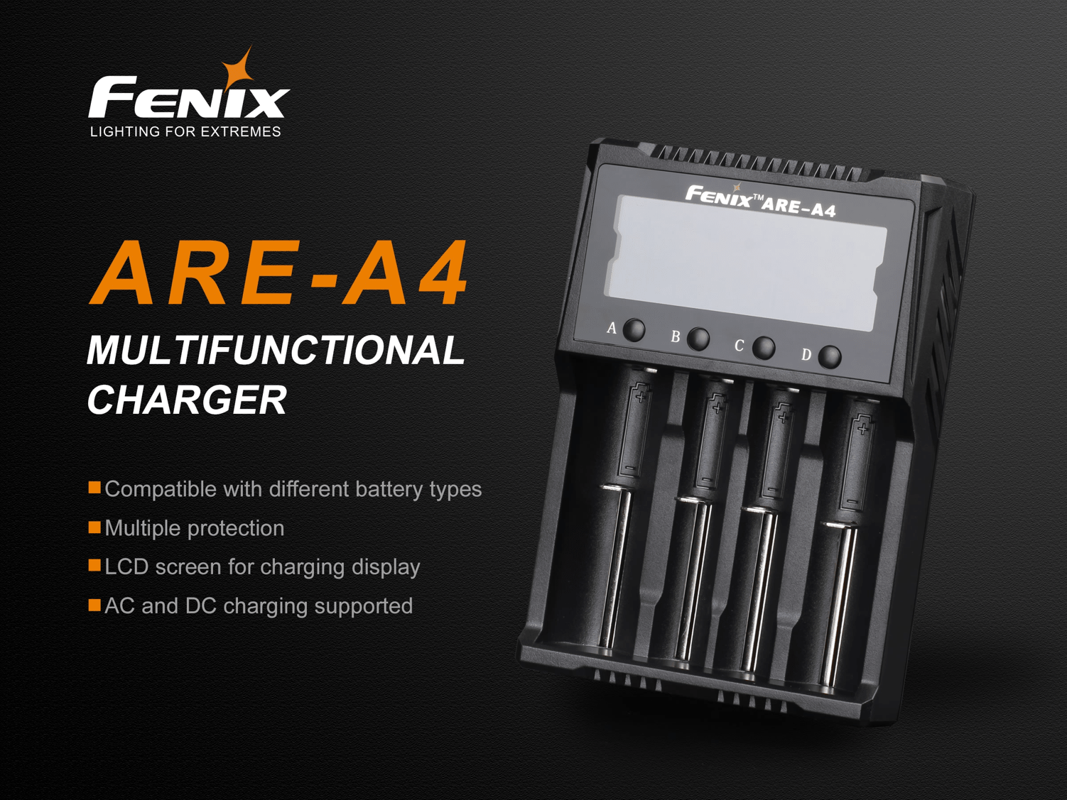 Fenix ARE A4, Four Slot Multifunctional Rechargeable Battery Charger, Compatible to Lithium Ion Batteries and Rechargeable Ni-MH and Ni-Cd AA, AAA, and C batteries, Charging and Discharging as power bank charger, Powerful 4 Battery Charger, Smart charger with LCD Screen Display