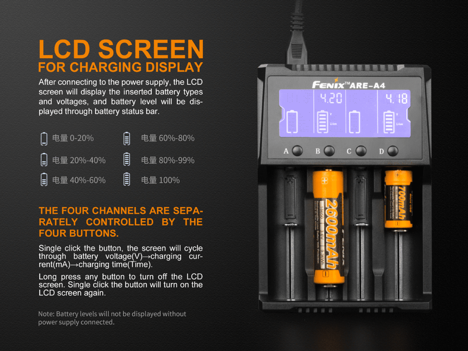 Fenix ARE A4, Four Slot Multifunctional Rechargeable Battery Charger, Compatible to Lithium Ion Batteries and Rechargeable Ni-MH and Ni-Cd AA, AAA, and C batteries, Charging and Discharging as power bank charger, Powerful 4 Battery Charger, Smart charger with LCD Screen Display