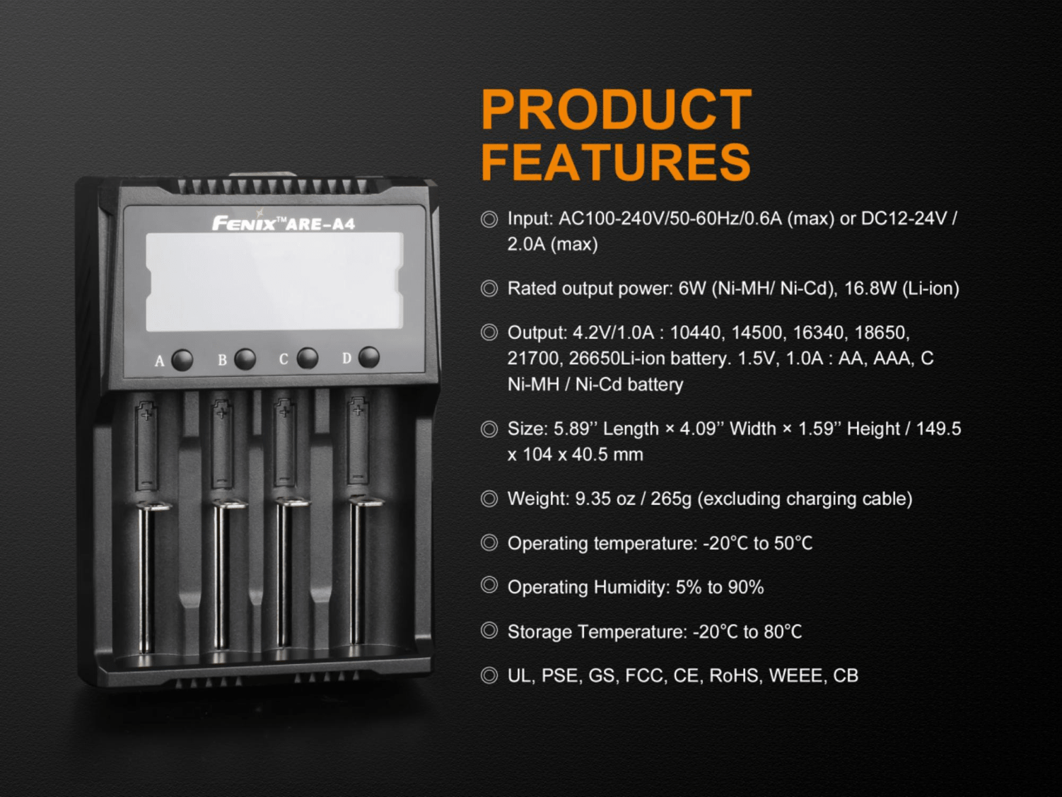 Fenix ARE A4, Four Slot Multifunctional Rechargeable Battery Charger, Compatible to Lithium Ion Batteries and Rechargeable Ni-MH and Ni-Cd AA, AAA, and C batteries, Charging and Discharging as power bank charger, Powerful 4 Battery Charger, Smart charger with LCD Screen Display