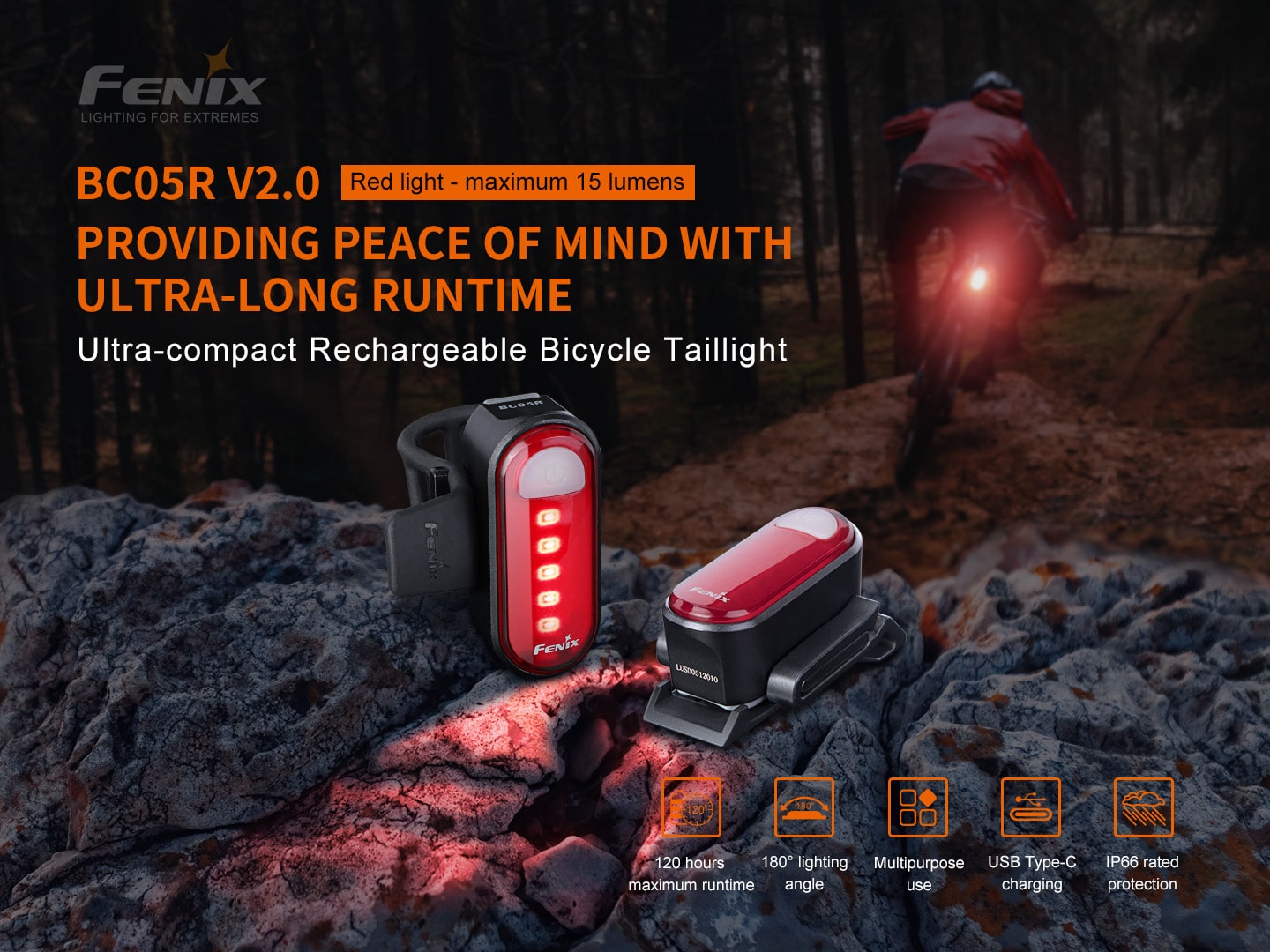 Fenix BC05R V2.0 Rechargeable Bicycle Tail Light 15 Lumens and beam distance of 50 meters