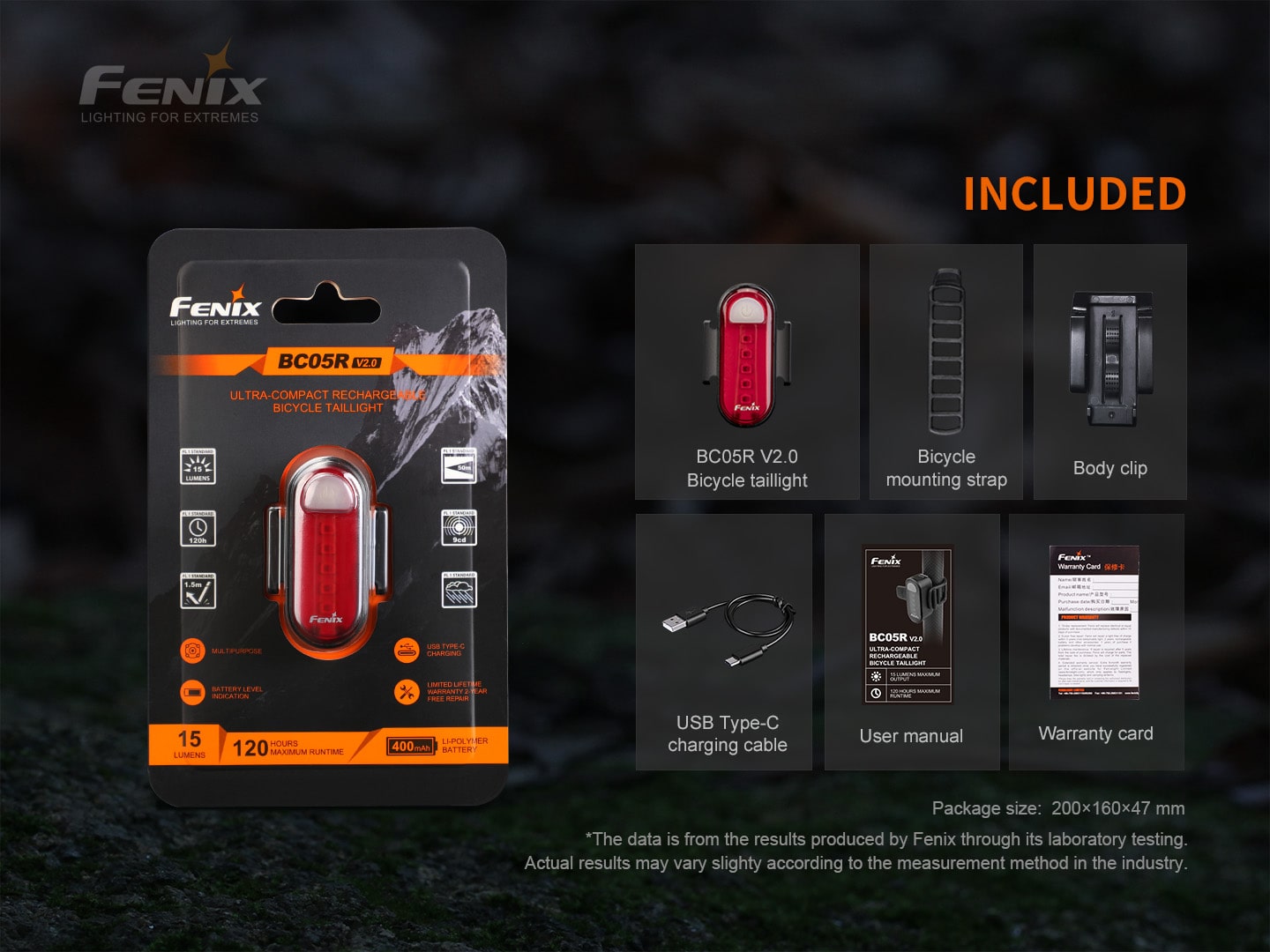 Fenix BC05R V2.0 compact rechargeable bicycle tail light blinker with beam distance of 50 meters