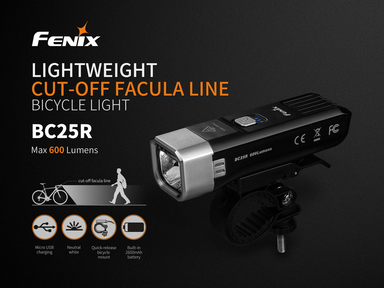 Fenix BC25R LED Bike Light, 600 Lumens USB Rechargeable Bicycle Light, Neutral White LED Light, Compact yet Powerful Light for Bike Trails and Races in India