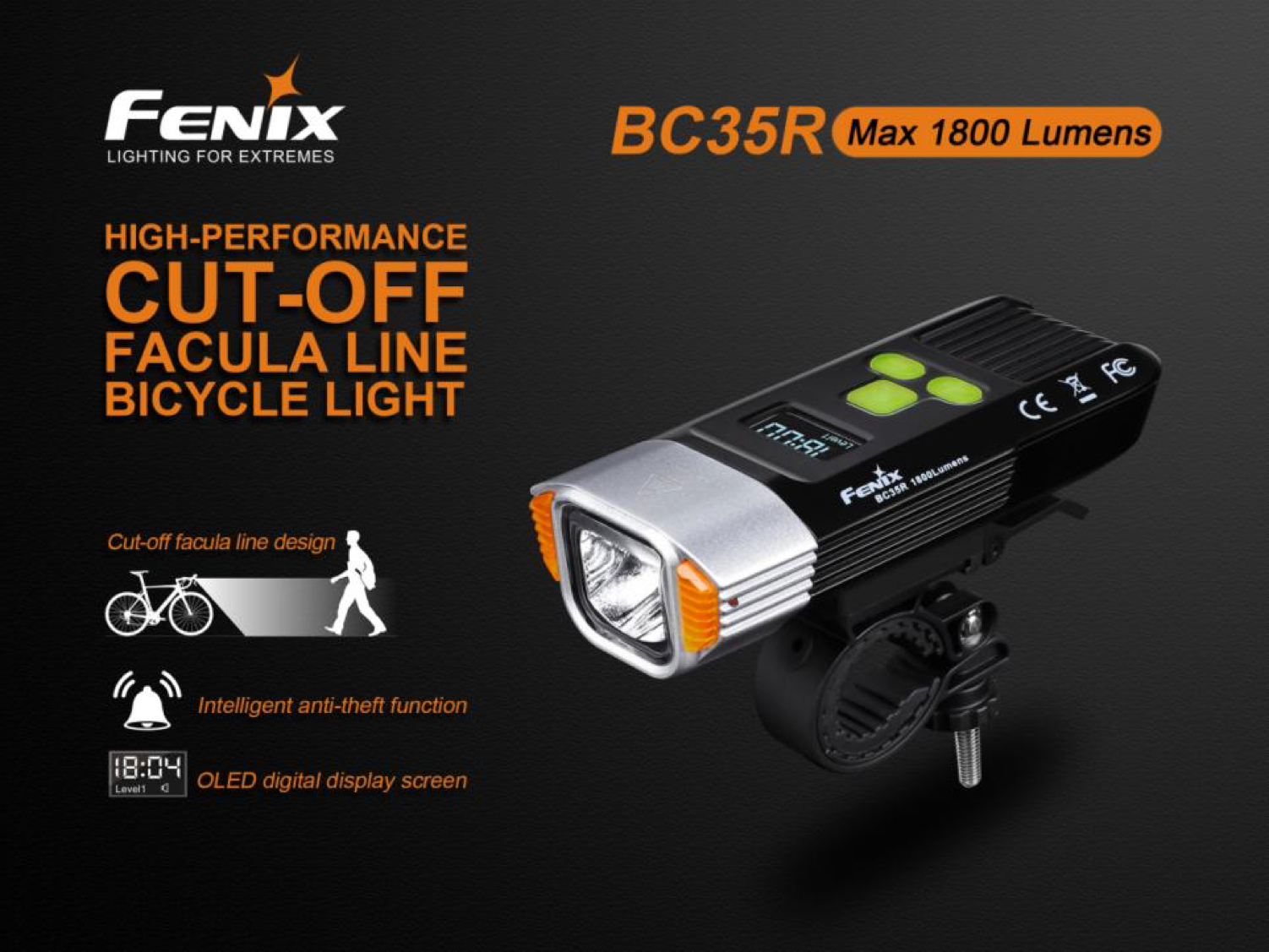 Fenix BC35R LED Bike/Bicycle Light, 1800 Lumens Rechargeable LED Bicycle Light, High Performance with OLED Screen