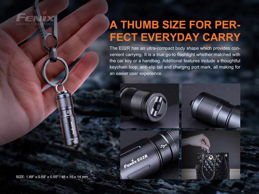 Fenix E02R LED Keychain Light, Compact Mini Keychain Torch, 200 Lumens EDC Rechargeable Small Torch, Thumb Size Powerful Torch Light for Outdoors