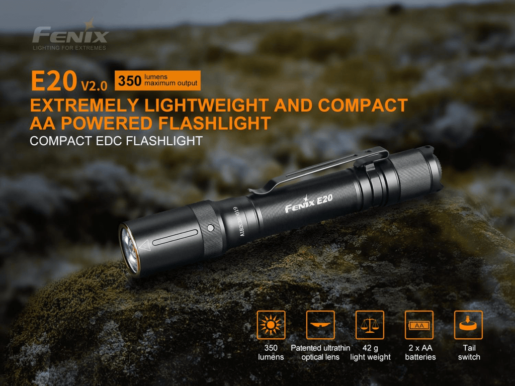 Fenix E20 V2, Fenix E20 LED Torch Light, AA Battery Torch, EDC Light for work, Compact Pen Size Torch in India, Lightweight Torch