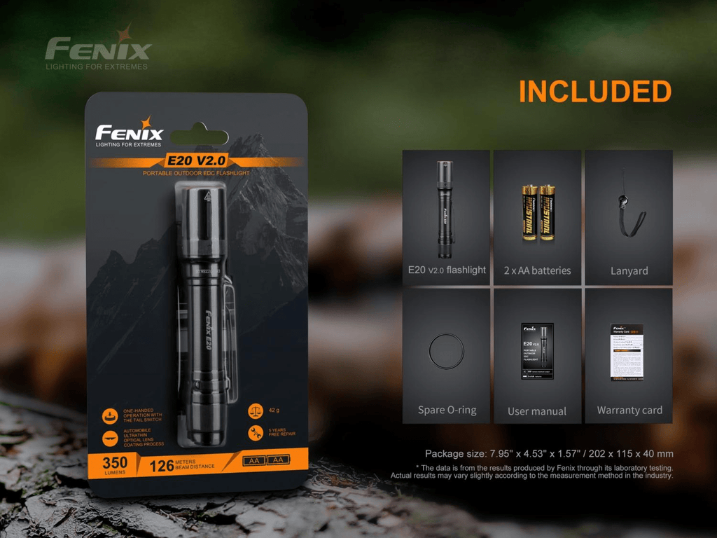 Fenix E20 V2, Fenix E20 LED Torch Light, AA Battery Torch, EDC Light for work, Compact Pen Size Torch in India, Lightweight Torch