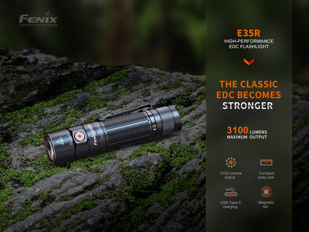Fenix E35R compact sized EDC torchlight with output of 3100 lumens and beam distance of 290 meters
