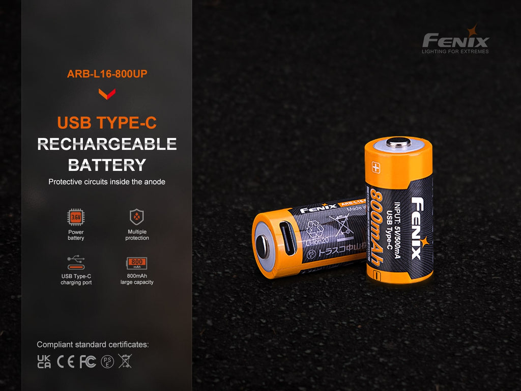 Fenix 16340 800mAh USB Rechargeable Battery, ARB-L16-800UP Type-C Port, Lithium Ion Rechargeable Battery