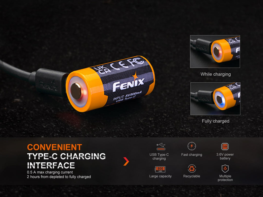 Fenix 16340 800mAh USB Rechargeable Battery, ARB-L16-800UP Type-C Port, Lithium Ion Rechargeable Battery