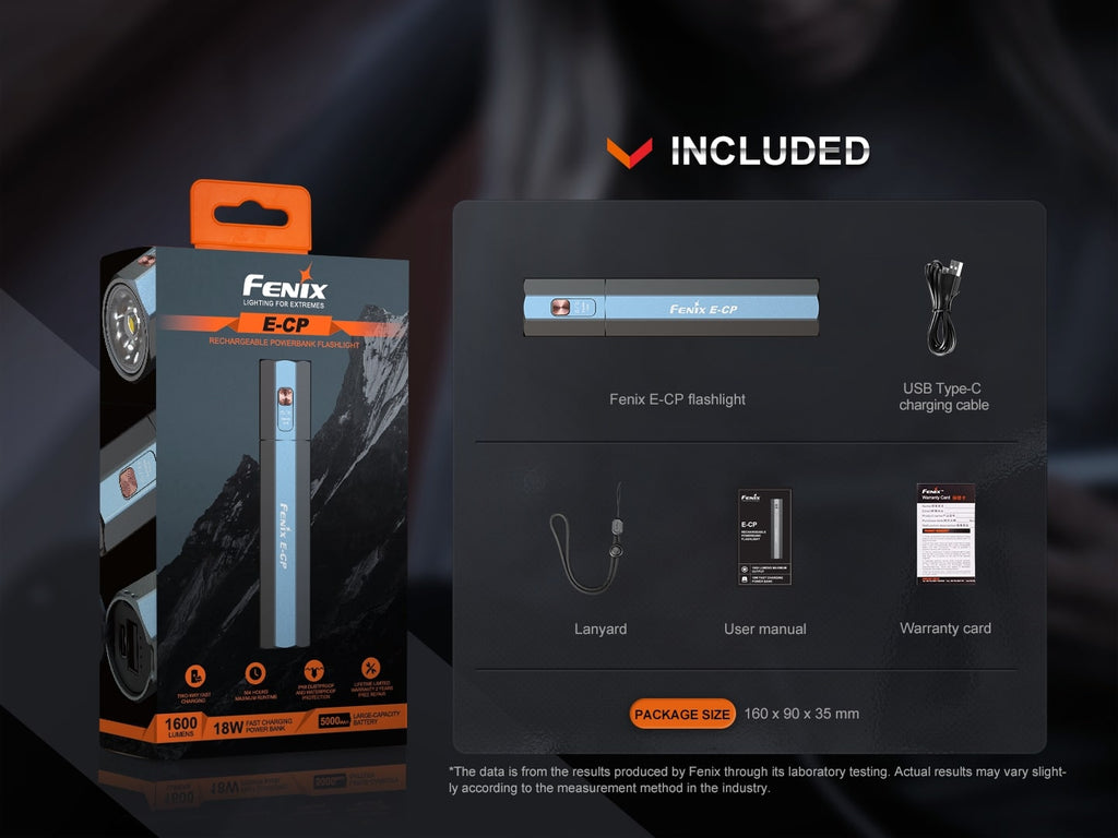 Fenix E-CP EDC Rechargeable Torchlight perfect for daily commuting. IP 68 rated water resistant torchlight