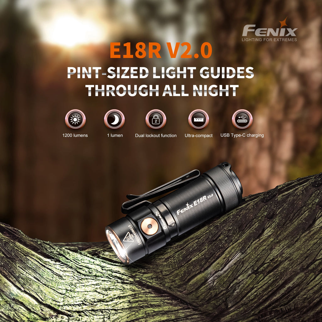 Fenix E18R V2 with a output of 1200 Lumens and beam distance of 146 meters ultra compact EDC torchlight now available in India