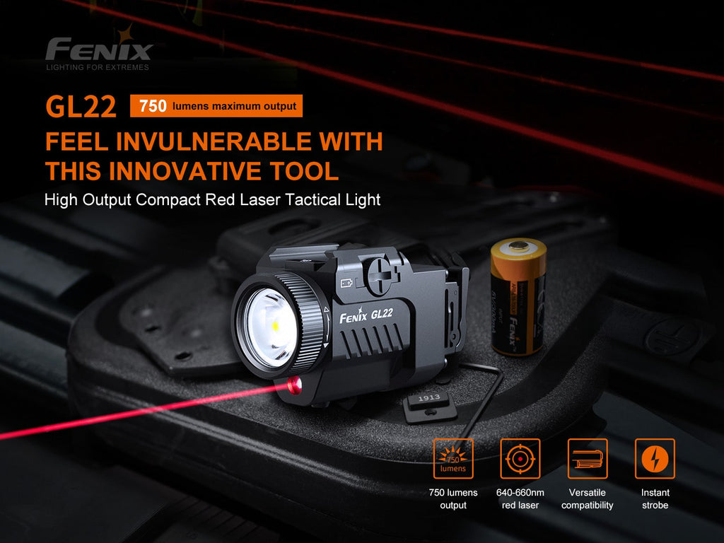 The Fenix GL22 tactical mounted light Fits most full-size pistols with a Glock or MIL-STD-1913 (Picatinny) rail