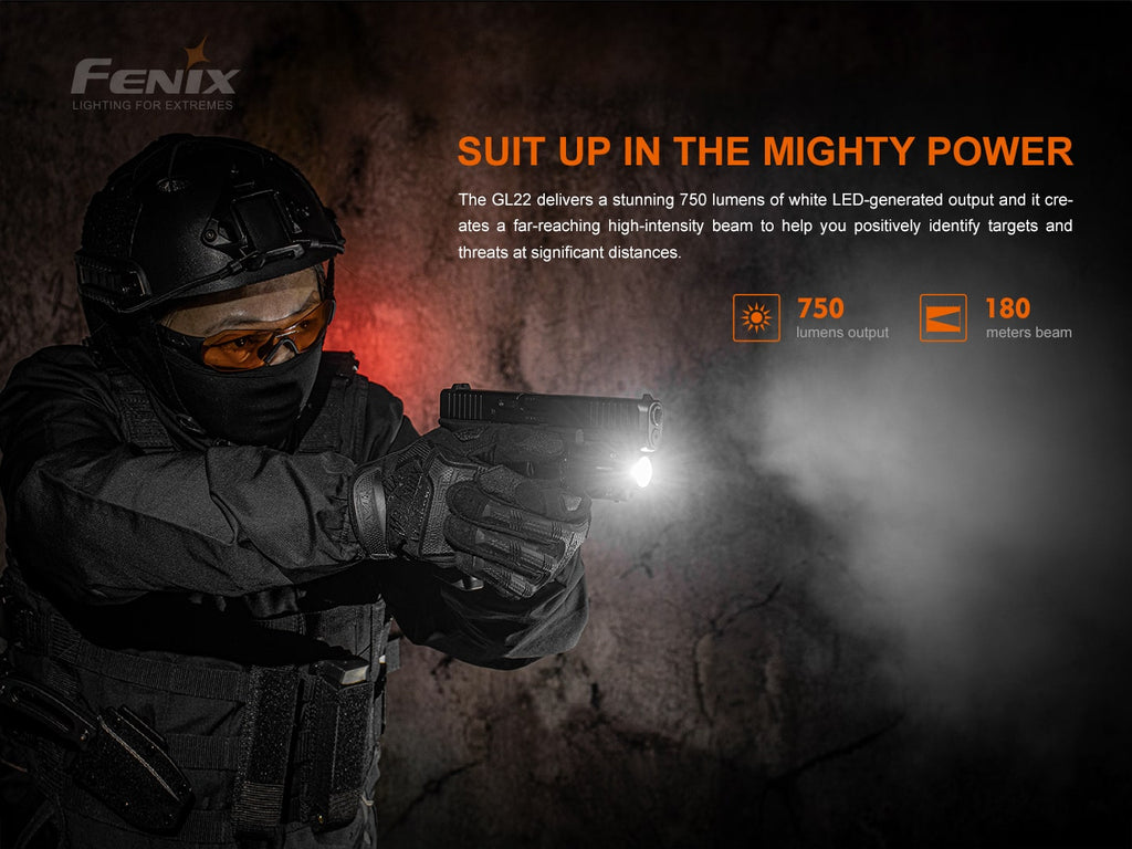 The Fenix GL22 tactical mounted light has a output of 750 lumens and beam distance of 180 meters