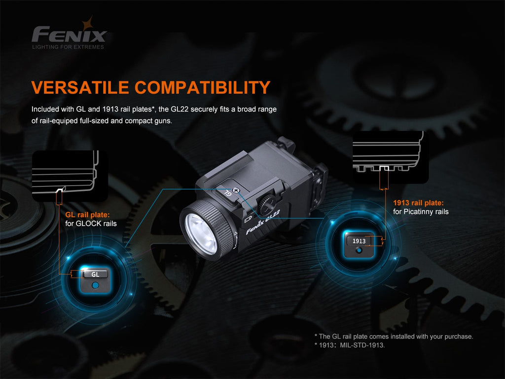 The Fenix GL22 tactical mounted light has a output of 750 lumens and beam distance of 180 meters