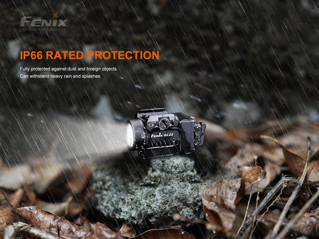 The Fenix GL22 tactical mounted light with red laser and output of 750 Lumens