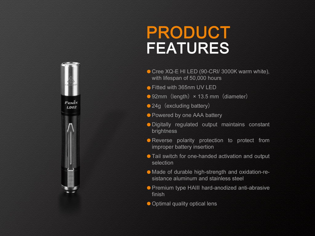 Fenix LD02 V.0 2018, Fenix LD02 Upgraded model, Pen LED Light, Compact Light weight LED Light, Pocket Pen Size light, Warm White and UV Light LED