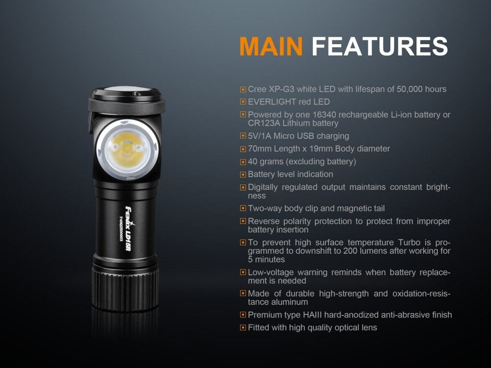 Fenix LD15R, Rechargeable LED Flashlight, Right-Angled LED Torch, USB Rechargeable, Compact everyday carry Flashlight