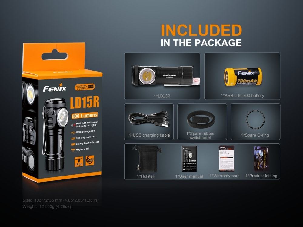 Fenix LD15R, Rechargeable LED Flashlight, Right-Angled LED Torch, USB Rechargeable, Compact everyday carry Flashlight