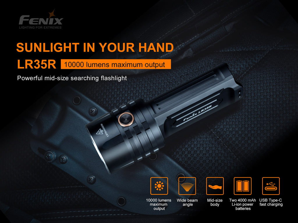 Fenix LR35R LED Flashlight in India, LR35R Extremely Powerful Rechargeable LED Torch Light with 10000 Lumens, Heavy Duty Flashlight for Outdoors, Compact High Power Torch