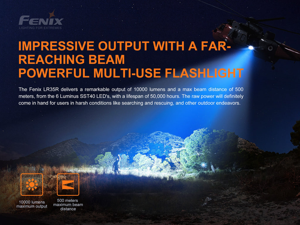 Fenix LR35R LED Flashlight in India, LR35R Extremely Powerful Rechargeable LED Torch Light with 10000 Lumens, Heavy Duty Flashlight for Outdoors, Compact High Power Torch