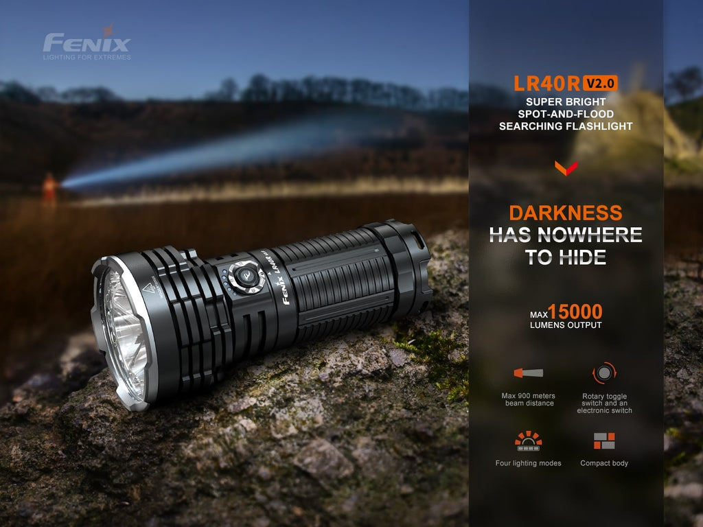 Fenix LR40R V2 LED rechargeable Searchlight for outdoor adventure with beam distance of 900 meters and output of 15000 Lumens