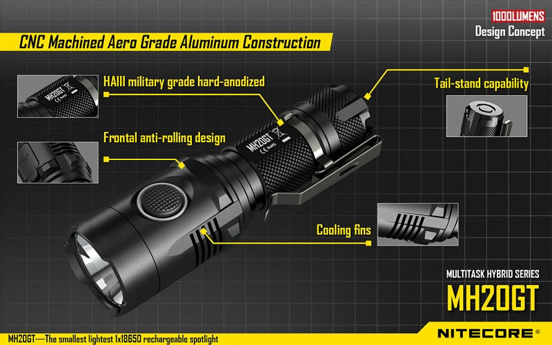 Nitecore MH20GT 1000 Lumen USB Rechargeable LED Flashlight in India | Compact Rechargeable Torch | Spot LED Torch | Zoom Flashlight