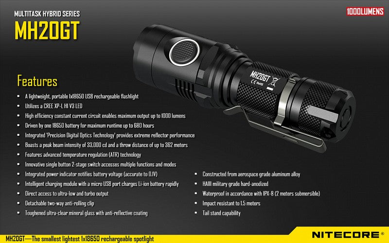 Nitecore MH20GT 1000 Lumen USB Rechargeable LED Flashlight in India | Compact Rechargeable Torch | Spot LED Torch | Zoom Flashlight