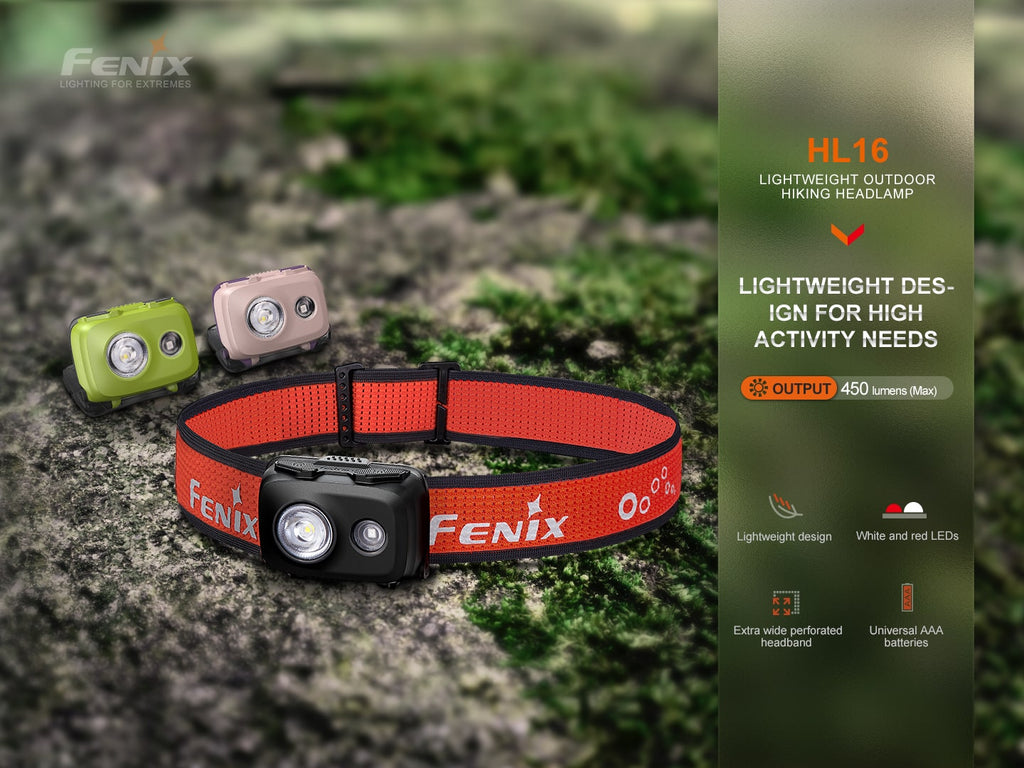 Fenix HL16 Headlamp with output of 450 lumens and beam distance of 104 meters perfect head torch for hiking and outdoor adventure