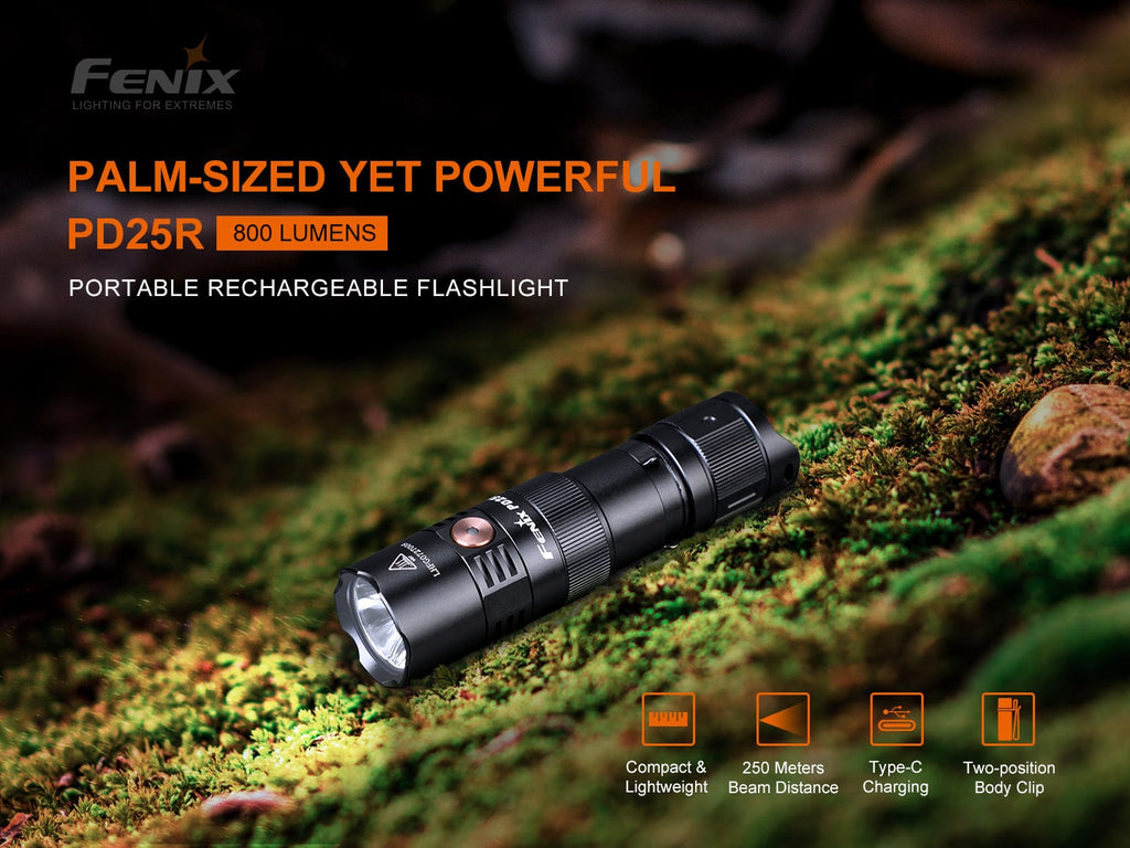 Fenix PD25R palm sized EDC torchlight with 800 Lumens and beam distance of 250 meters