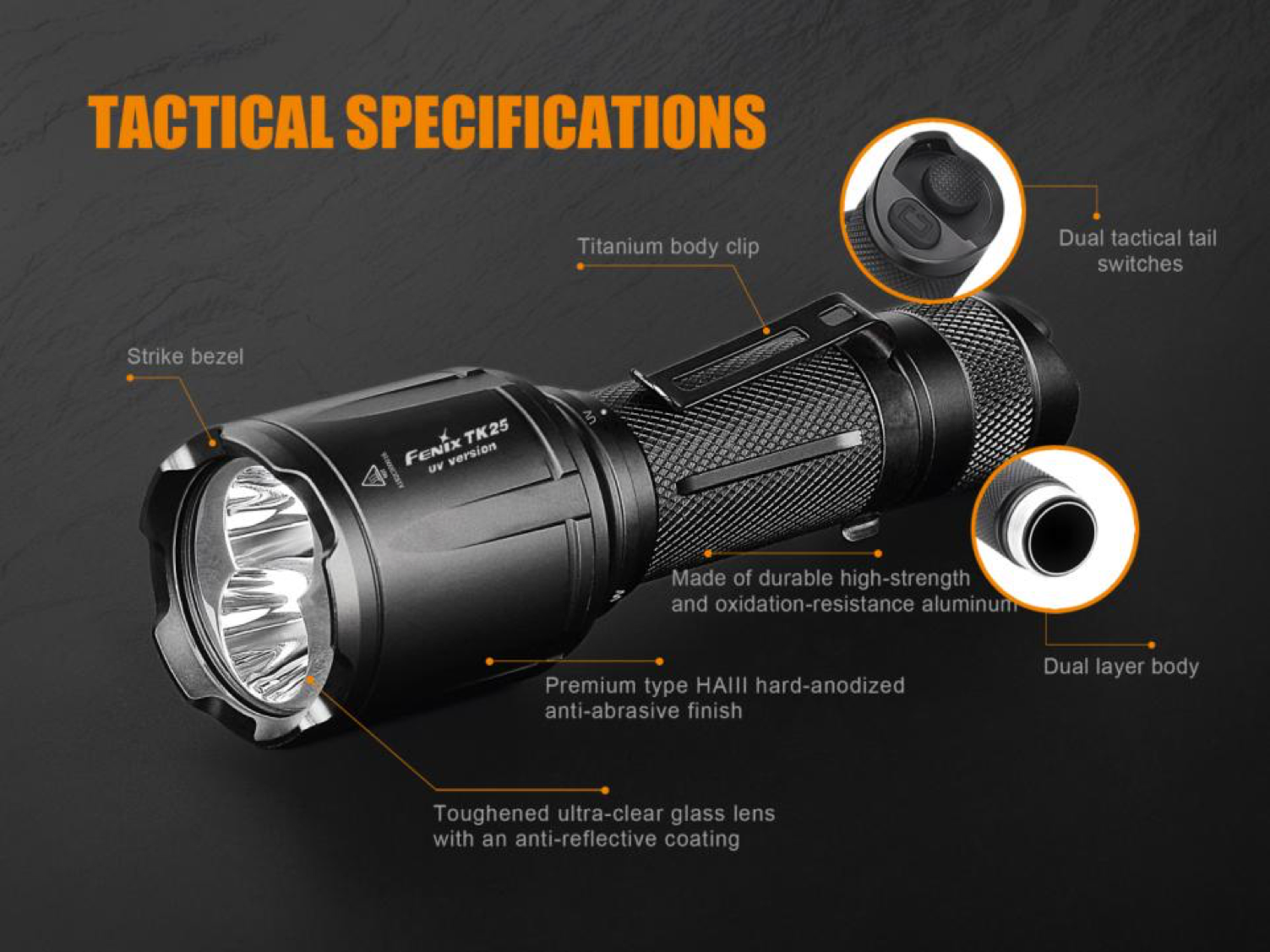 Fenix TK25UV LED Flashlight, UV Torch in India, White + Ultra Violet LEDs, Specially designed for Law enforcement policing department, One switch operation tactical LED Flashlight in India, Powerful LED Torch