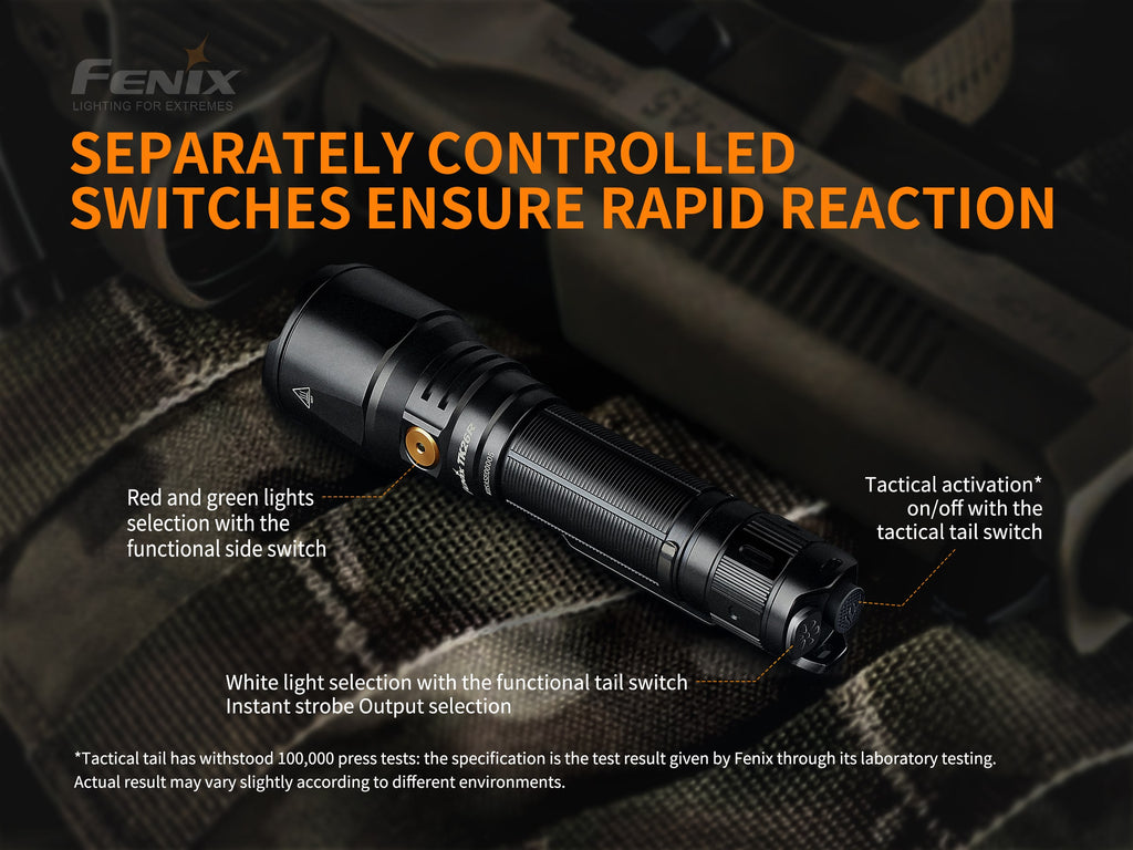 Fenix TK26R LED torch Light in India, Fenix TK26R Rechargeable Powerful Light with 3 LEDs, Tri-Color Torch White Red & Green, Long Range Flashlight for Outdoors, Jungles Hunting Treks