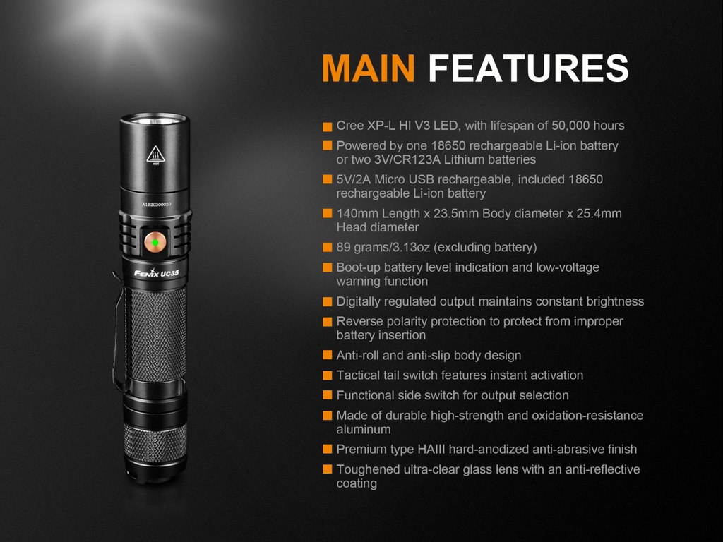 Fenix UC35 V2.0 LED Flashlight, 1000 Lumens Torch, USB Rechargeable Flashlight, Everyday carry Duty Flashlight in India