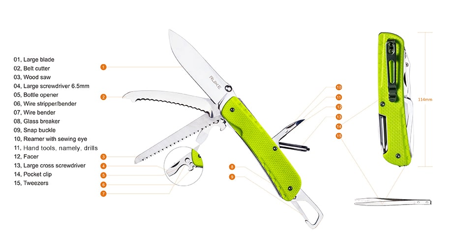 Ruike LD43 Trekker rescue EDC Razor Sharp pocket knife with 15 different multi tools for outdoor adventure, camping, trekking, safety & emergency