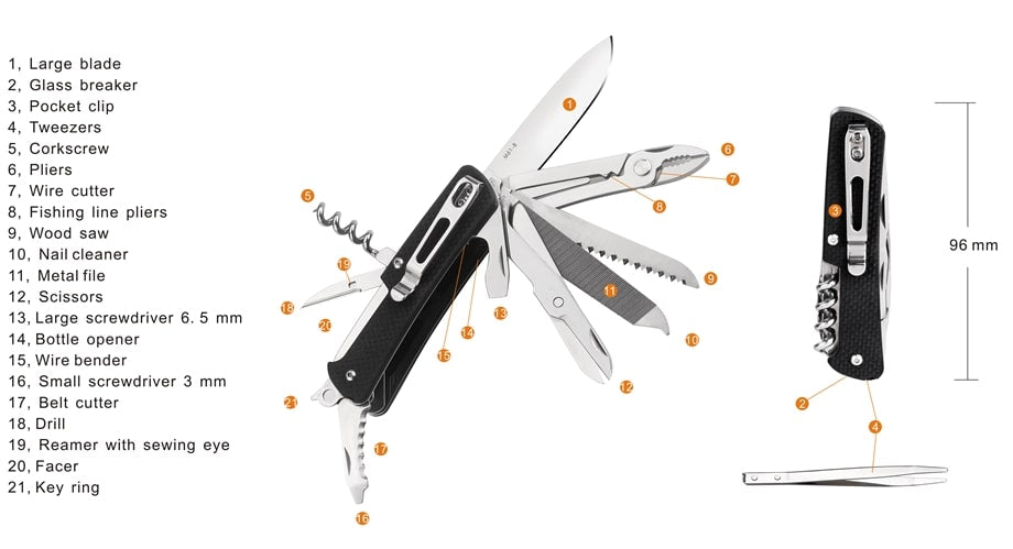 Ruike M61 multi-function EDC premium & affordable pocket knife with 21 different tools for outdoor adventures