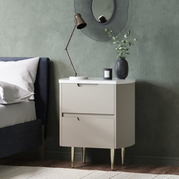 WoodRelic Taupe 2 Drawer Bedside Table with Marble Top