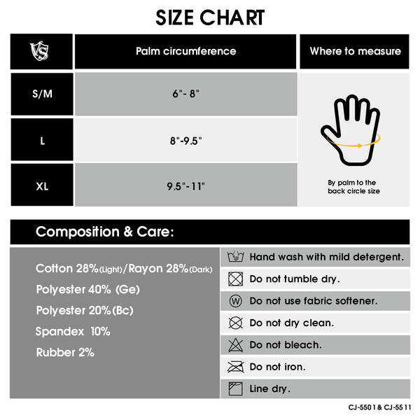 anti slip fingerless gloves size chart