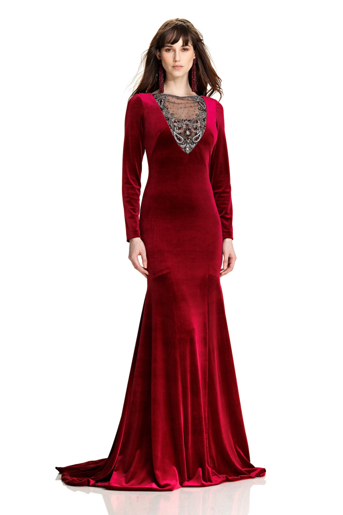 long sleeve red velvet gown