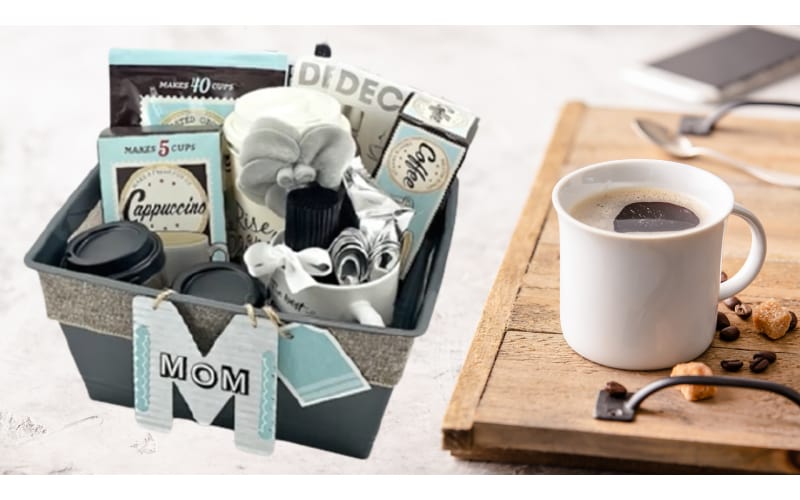 coffee-themed gift basket filled with mug, tumblers, coffee mixes, and coffee biscuits