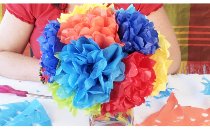 A bouquet of Cinco de Mayo flowers made from various colors of tissue paper