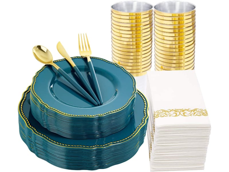  Plastic Plates (Teal with Gold Rim) & Disposable Plastic Cutlery