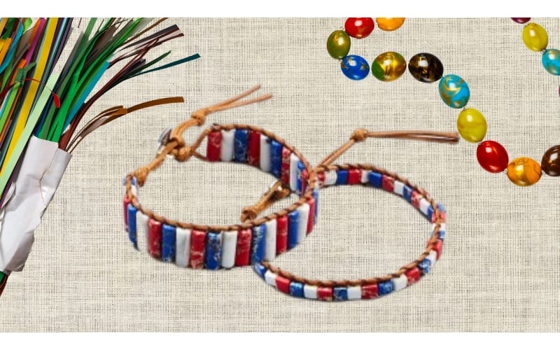 Patriotic-themed tubular paper bead bracelets strung with leather cord
