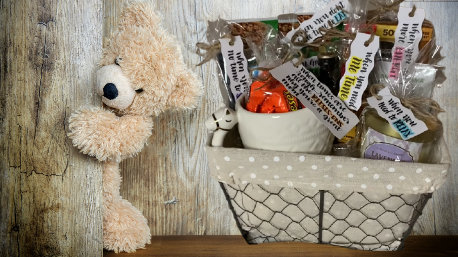 a thoughtful gift basket filled with goodies, treats, and personal care items that every new mom needs to survive a hectic day