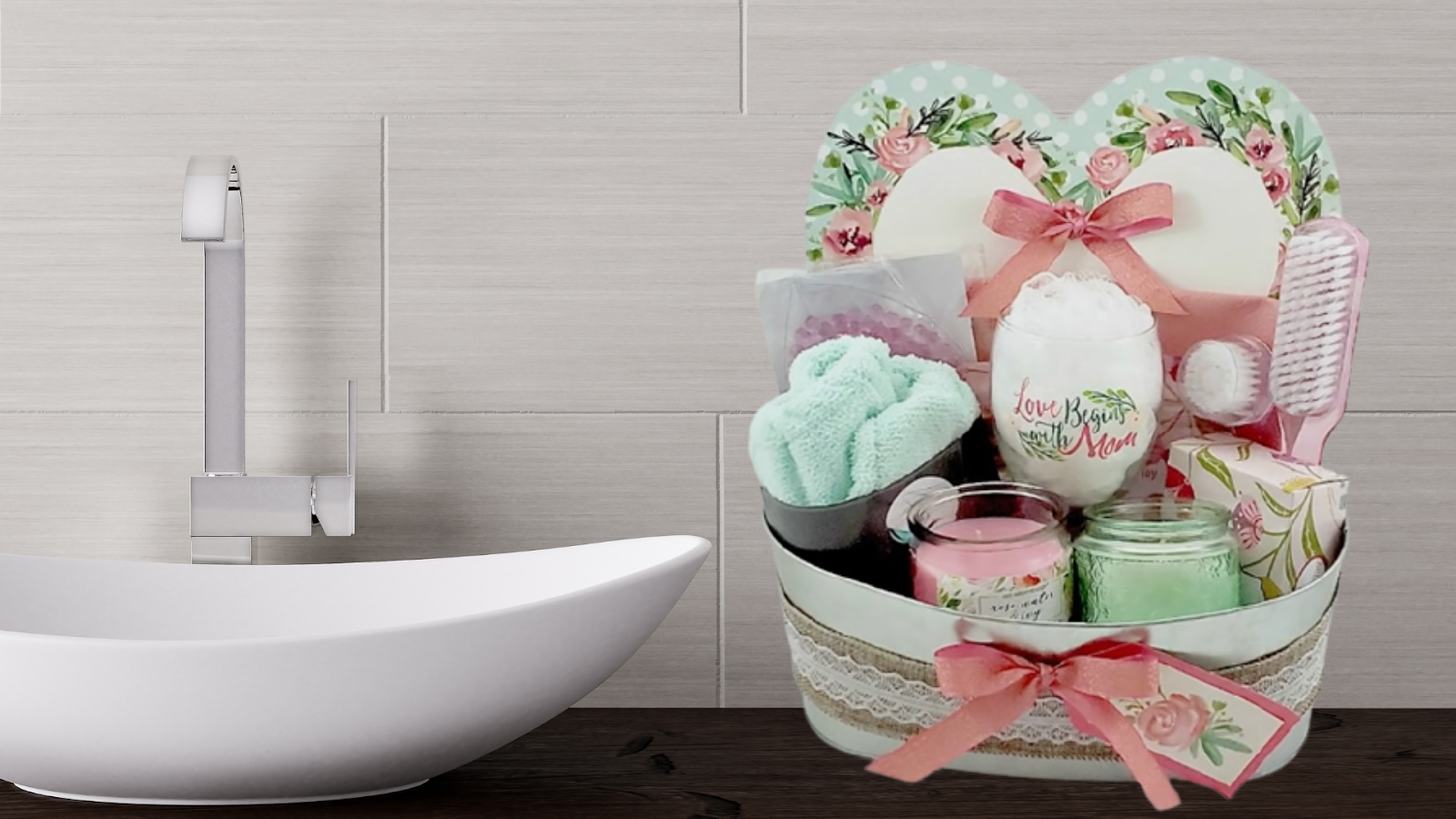 spa-themed gift basket for lounging in the tub 