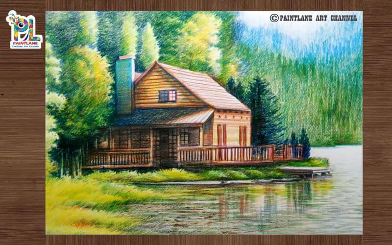 Colored pencil drawing of a wooden cottage by the lake