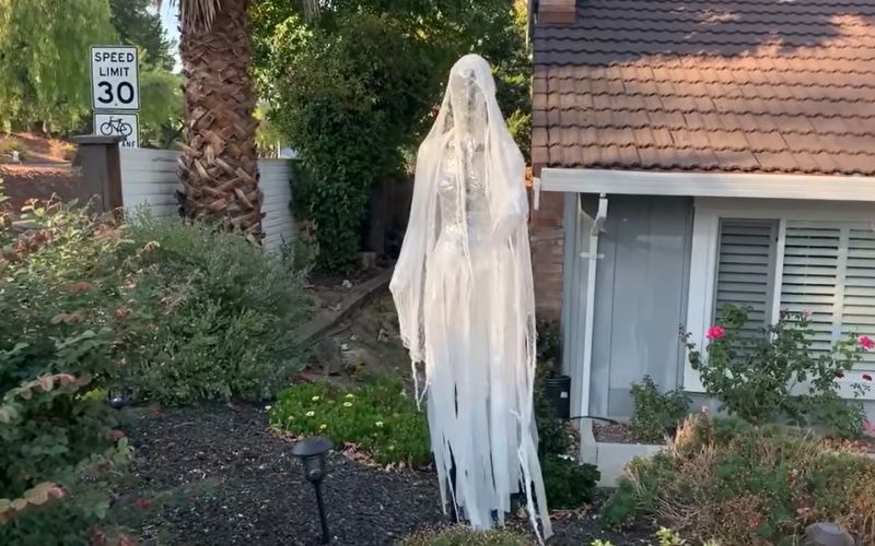 Packing tape yard ghost installed in the front yard