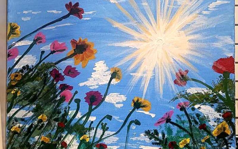 a painting of sun and flowers