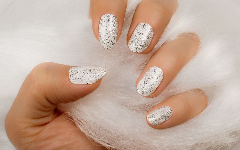white glittered nails