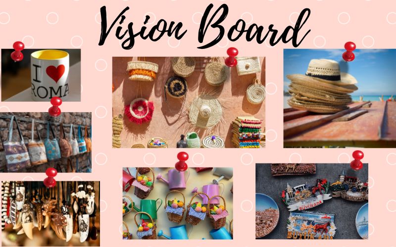A vision board with images of souvenirs