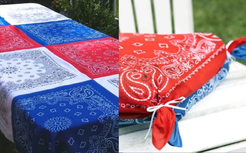 a collage of tablecloth and a seat cushion made from bandanas 